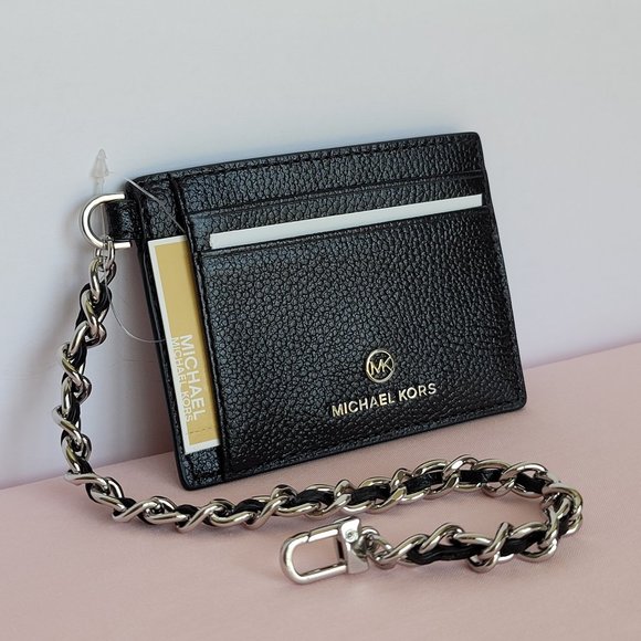 MICHAEL KORS Jet Set Small ID Pebbled Leather Chain Card Holder Case- Black⭐ - Picture 3 of 16